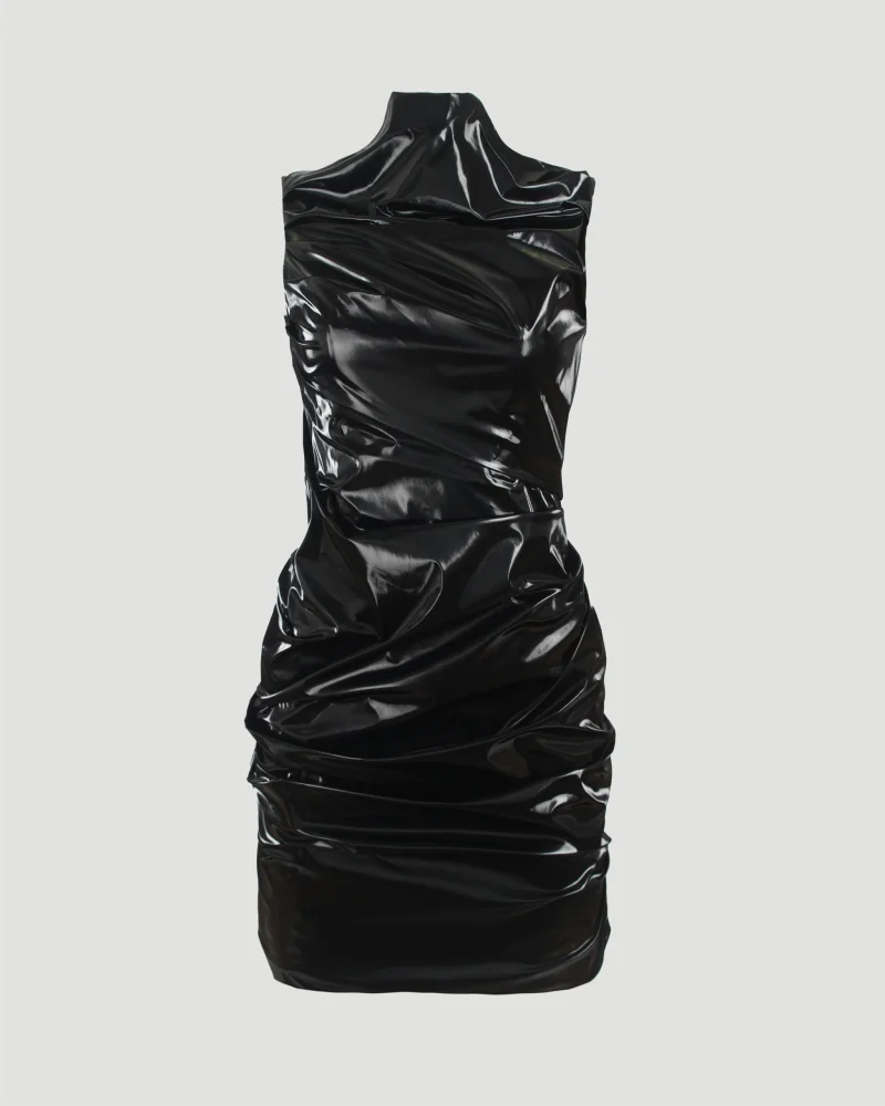 Laminated Jersey Mini Dress in Black