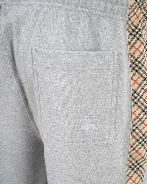 Check Trim Cotton Jogging Pants in Pale Grey Melange — снимка 3