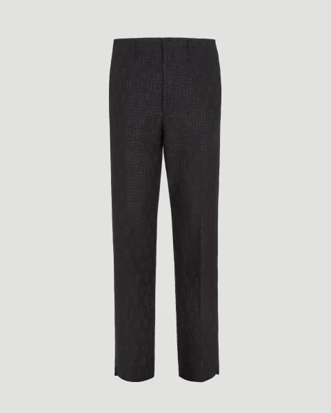 Linen Blend FF Jacquard Trousers in Black