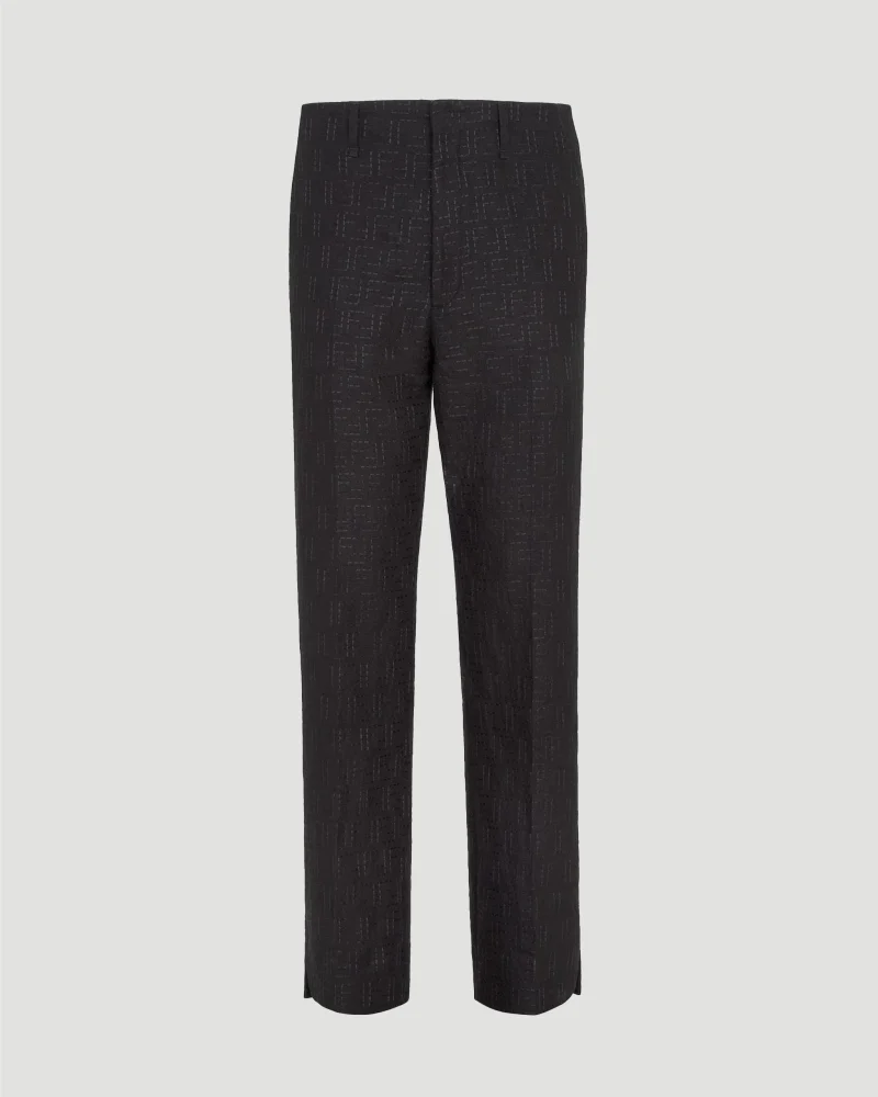 Linen Blend FF Jacquard Trousers in Black