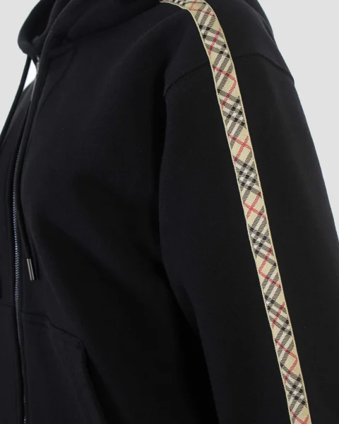Check Trim Cotton Zip Hoodie in Black — снимка 3