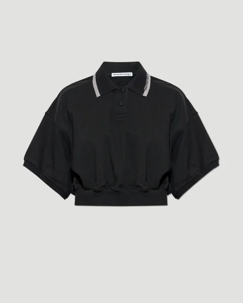 Cropped Cinched Cotton Polo in Black