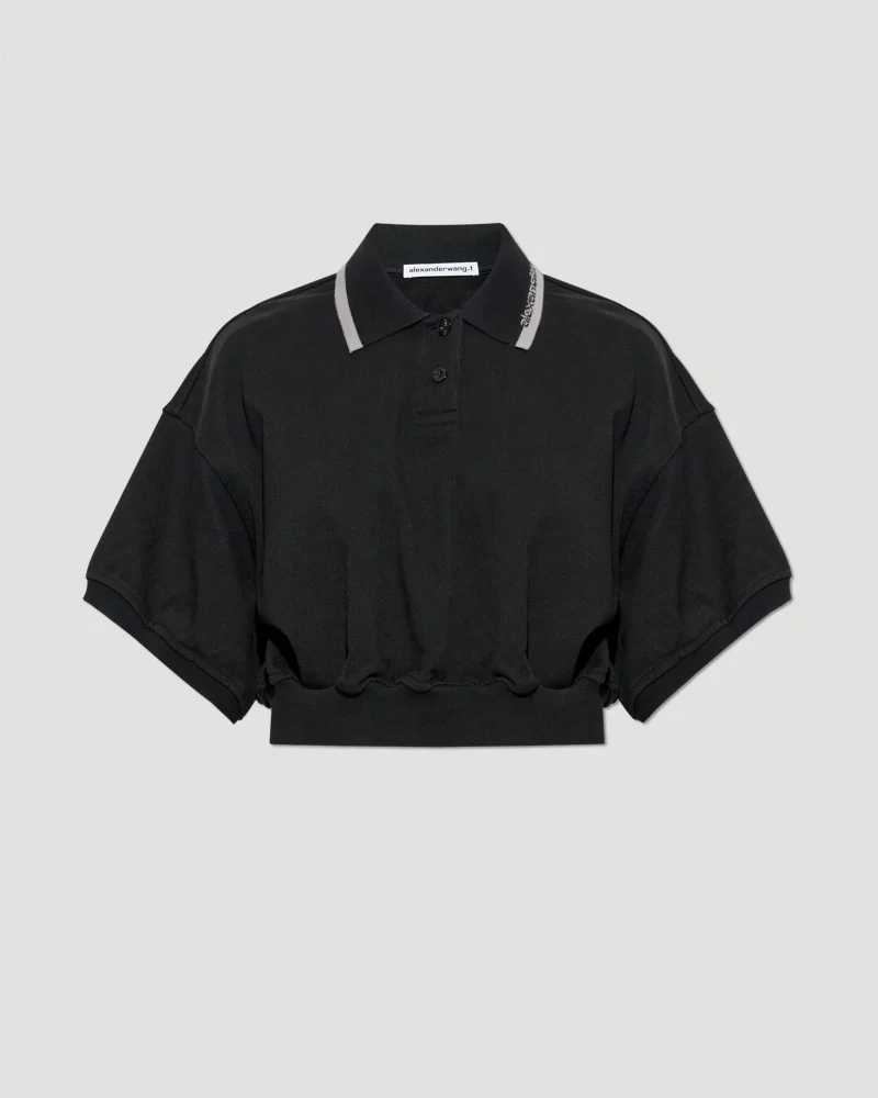 Cropped Cinched Cotton Polo in Black