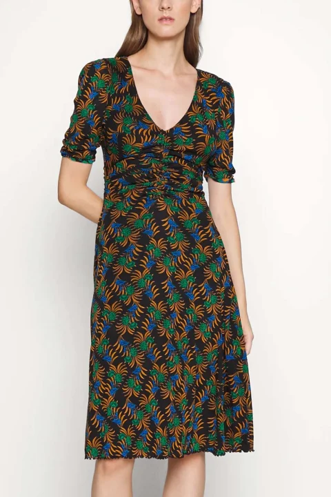 Рокли Dvf Koren Reversible Dress DVFDS3Q004FBCGC B2359 floral black/ cube geo caramel — снимка 2