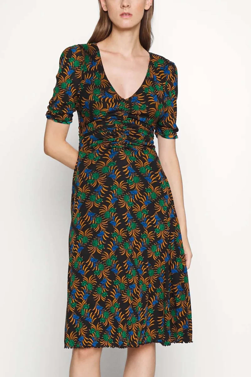 Рокли Dvf Koren Reversible Dress DVFDS3Q004FBCGC B2359 floral black/ cube geo caramel — снимка 2