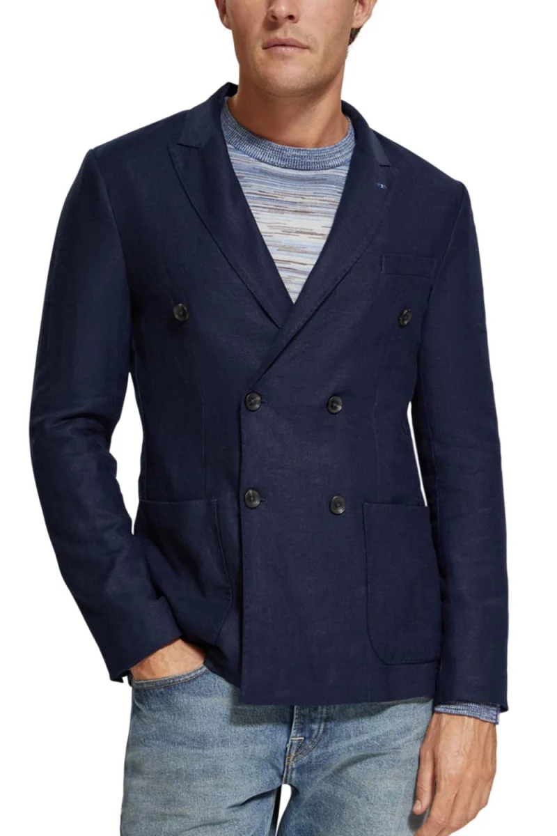 Сако Linen Blend Herringbone Double Breasted 175420 SC7007 navy blue — снимка 2