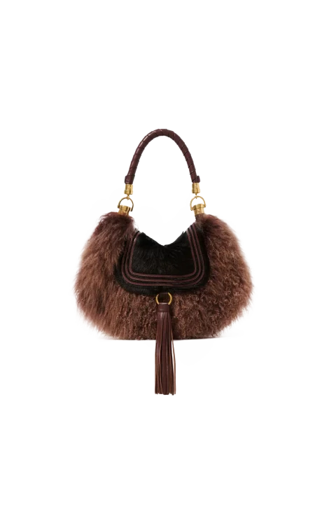 Small Marcie Foulard Hobo Bag in Brown Pony Leather & Shearling