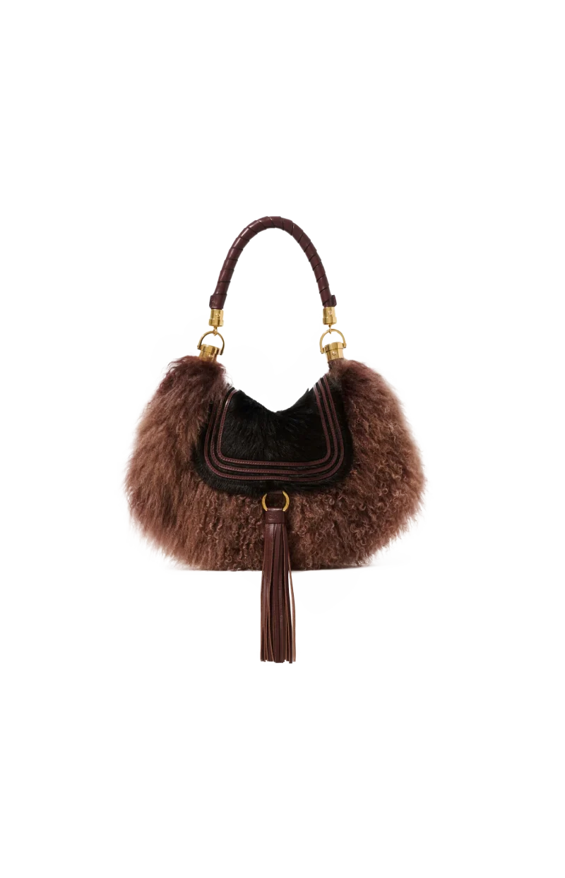 Small Marcie Foulard Hobo Bag in Brown Pony Leather & Shearling