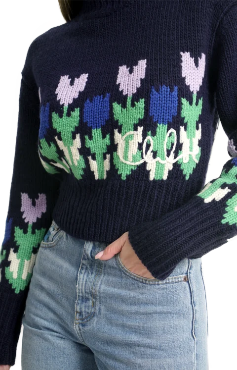 Wool Cropped Mock-Neck Logo Sweater in Dark Navy — снимка 3