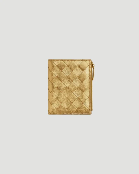 Intrecciato Small Bi-Fold Wallet in Gold