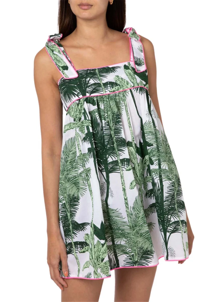 Рокля Palm Tree Print Tie Shoulder Baby Doll Dress - L JD6059-GRN/NEN PNK greens/neon pink