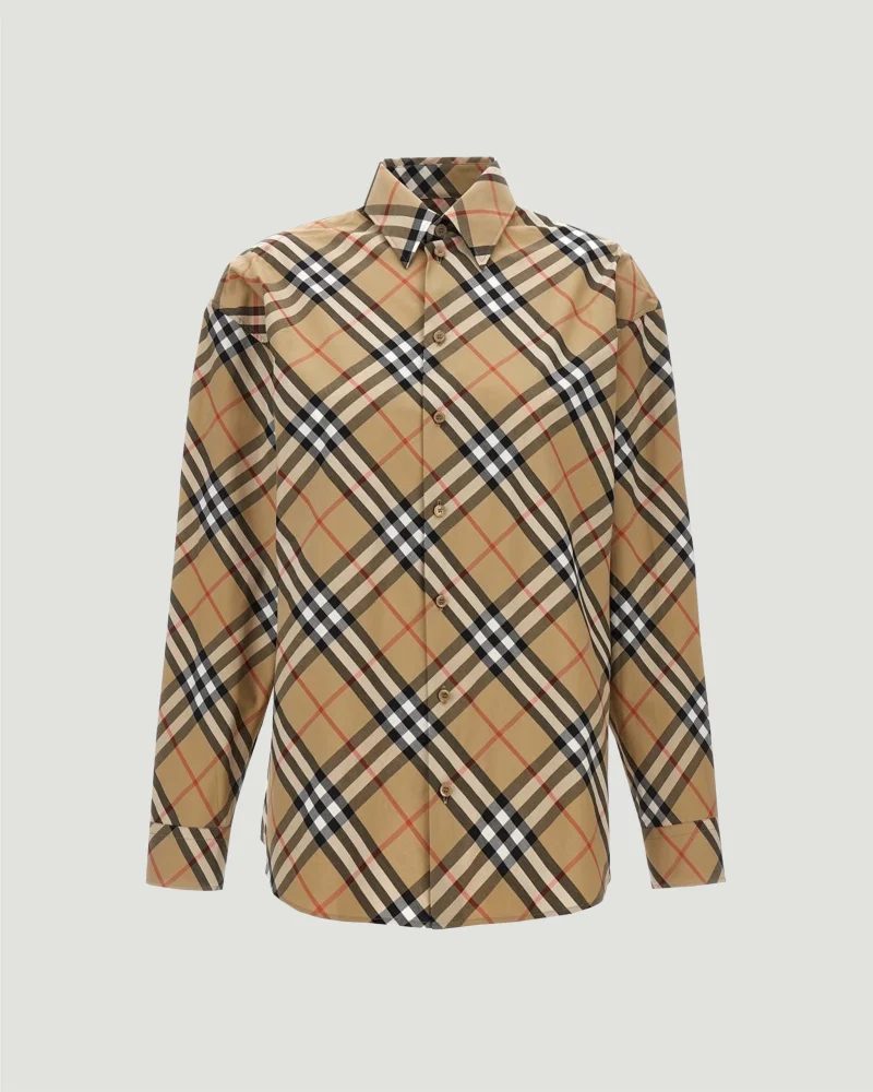 Slim Fit Check Cotton Shirt in Sand