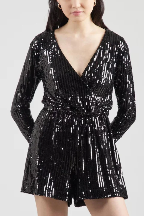 Гащеризон Onlamabel Ls Sequins Playsuit 15358369 C-N10 black — снимка 2