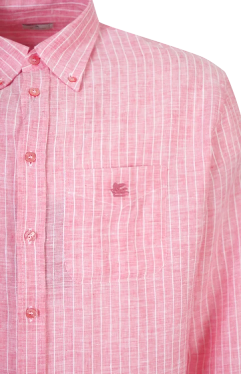 Striped Linen Button-Down Shirt with Pegaso Logo — снимка 2