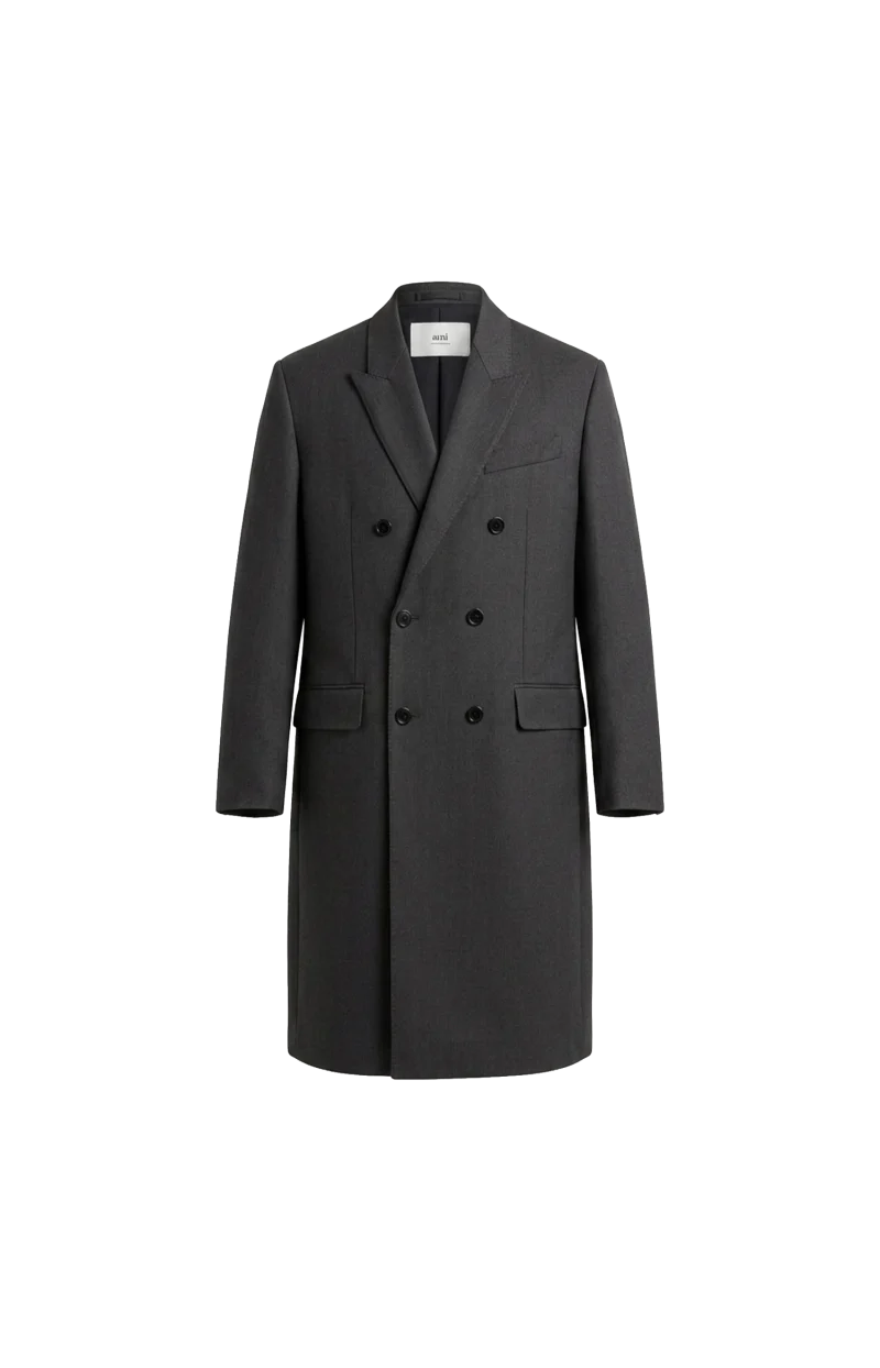 Double-Breasted Straight Wool Coat in Anthracite Black
