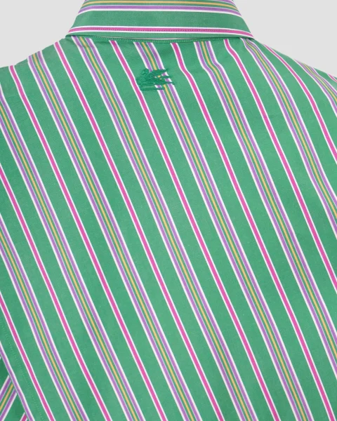 Striped Cotton Shirt with Split Back in Green — снимка 3