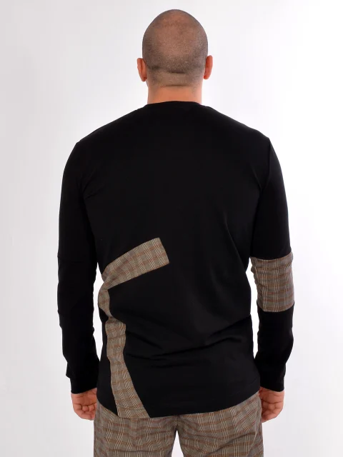 Черна блуза с карирани детайли Long sleeve checked t-shirt — снимка 3