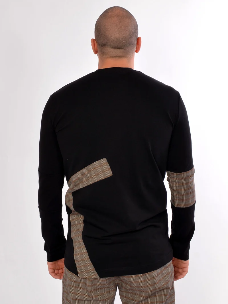 Черна блуза с карирани детайли Long sleeve checked t-shirt — снимка 3