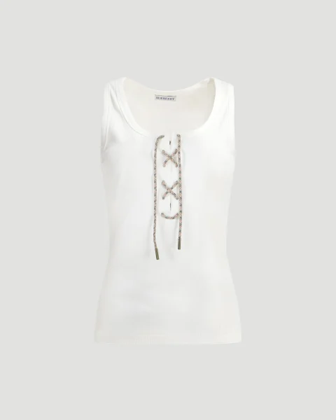 Check Trim Cotton Blend Tank Top in White