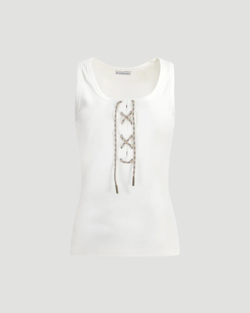 Check Trim Cotton Blend Tank Top in White