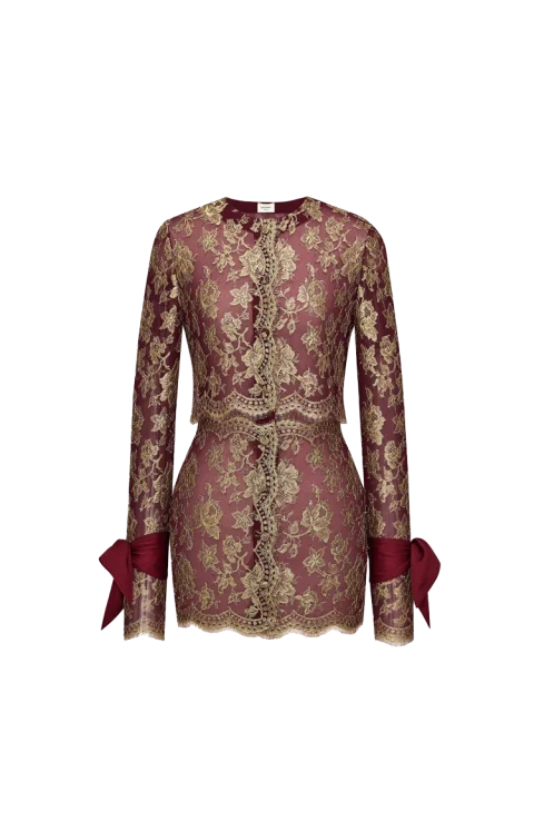 Lavallière-Cuff Mini Dress in Metallic Lace