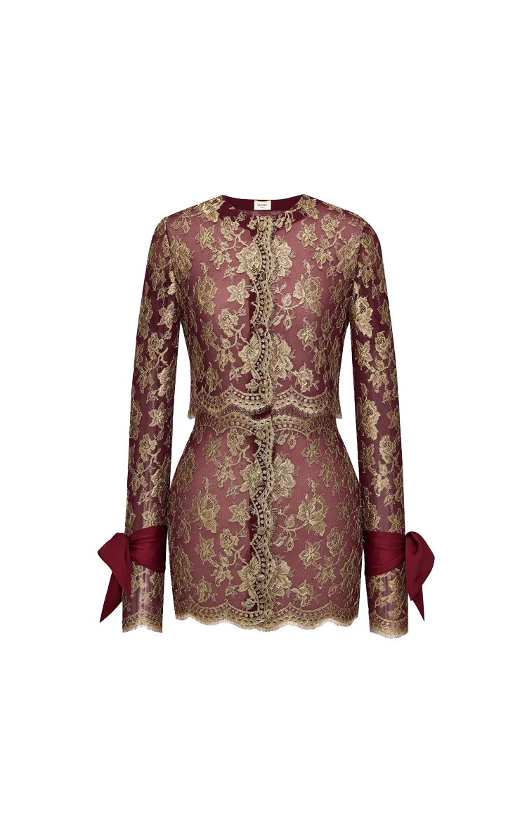 Lavallière-Cuff Mini Dress in Metallic Lace