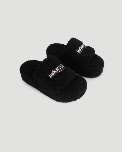 Faux-Fur Platform Slides in Black — снимка 3