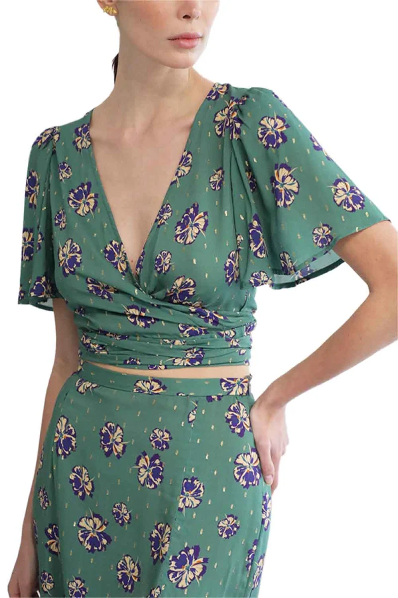 Wraparound Top With Puff Sleeves And Midi Aimee green floral