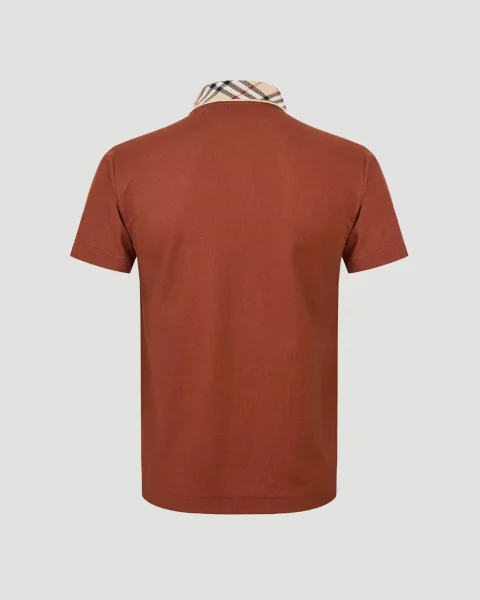 Check Collar Cotton Polo Shirt in Brown — снимка 2