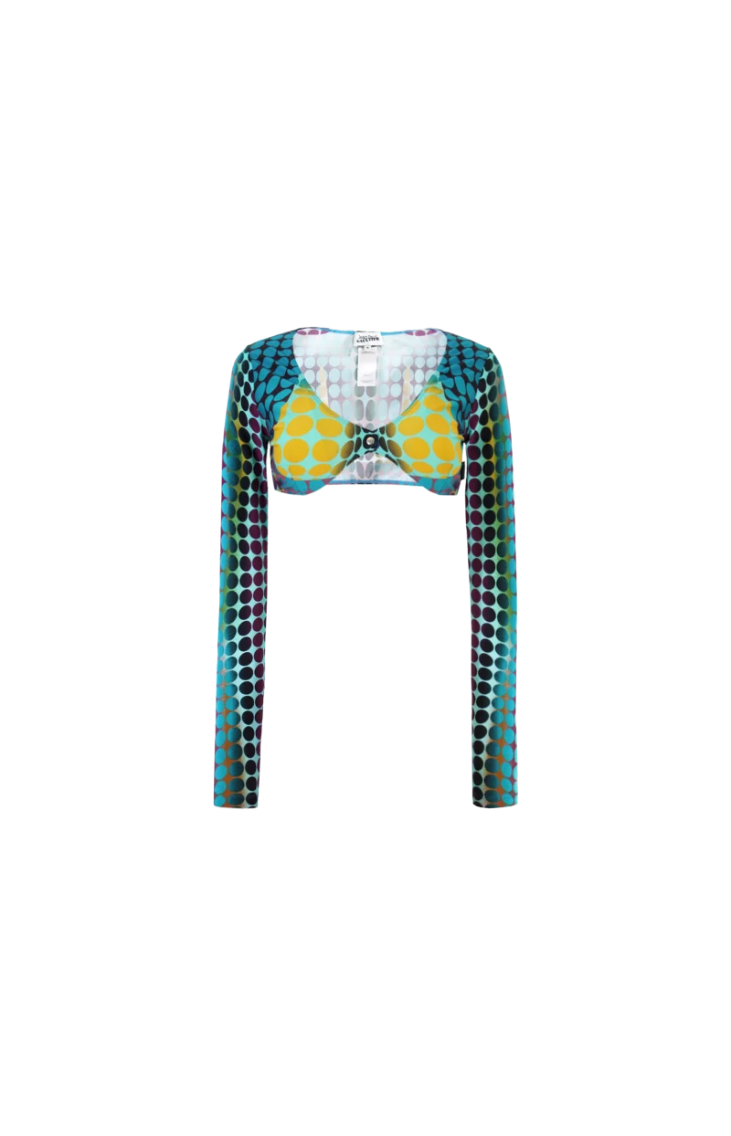 Long Sleeve Crop Top Blue Dots Print