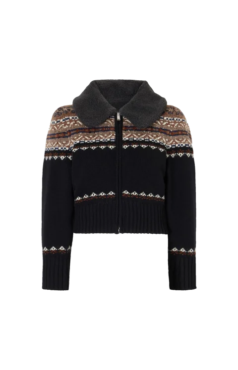 Fair Isle Wool Zip-Up Cardigan in Black