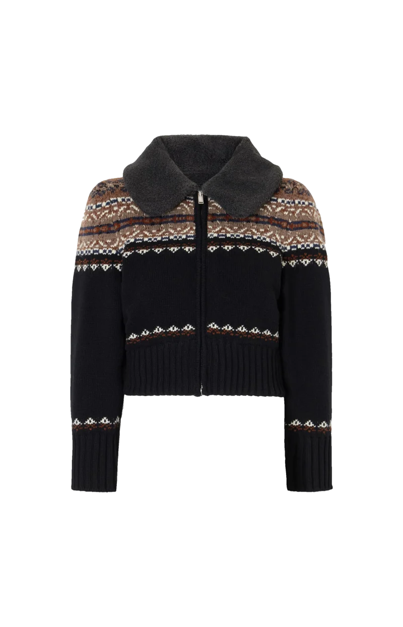 Fair Isle Wool Zip-Up Cardigan in Black