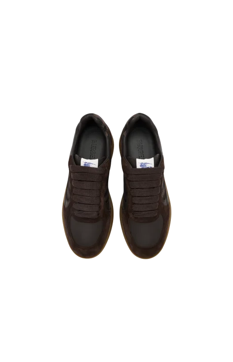 Leather, Suede and Check Terrace Sneakers in Dark Brown — снимка 2