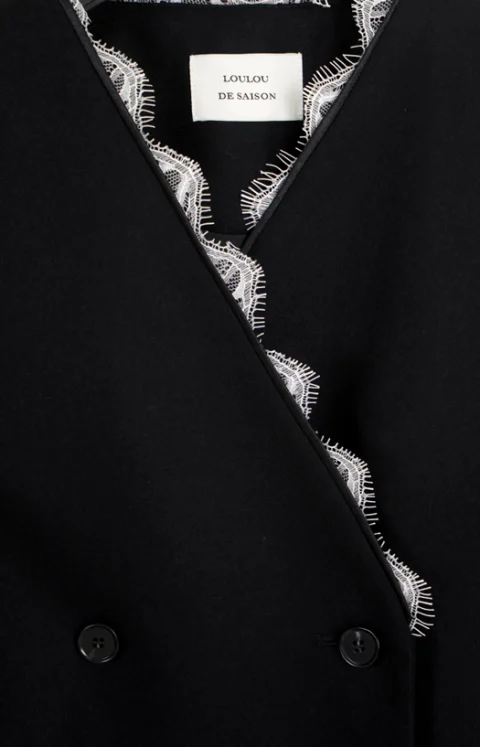 Leandra Double Breasted Lace Trim Jacket in Black/Ivory — снимка 2