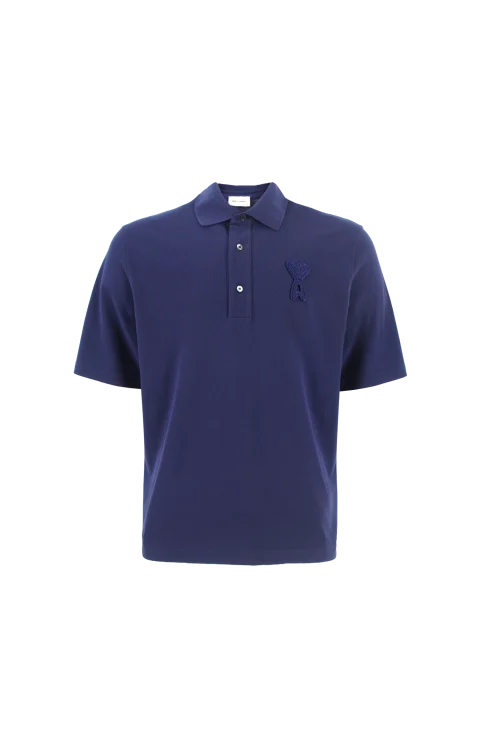Cotton Ami de Coeur Knitted Patch Polo in Blue