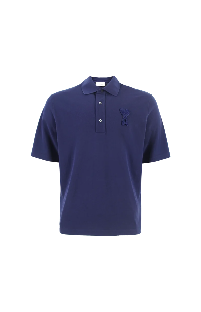 Cotton Ami de Coeur Knitted Patch Polo in Blue