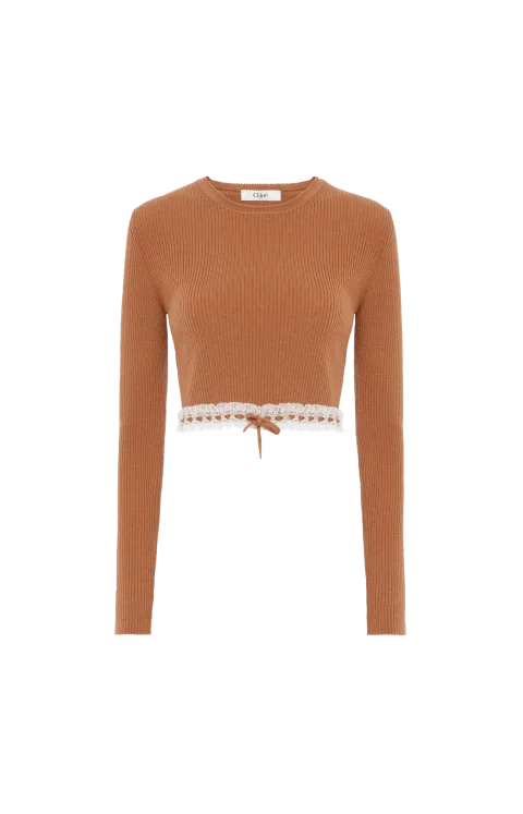 Cropped Fitted Jumper in a Wool Knit & Lace