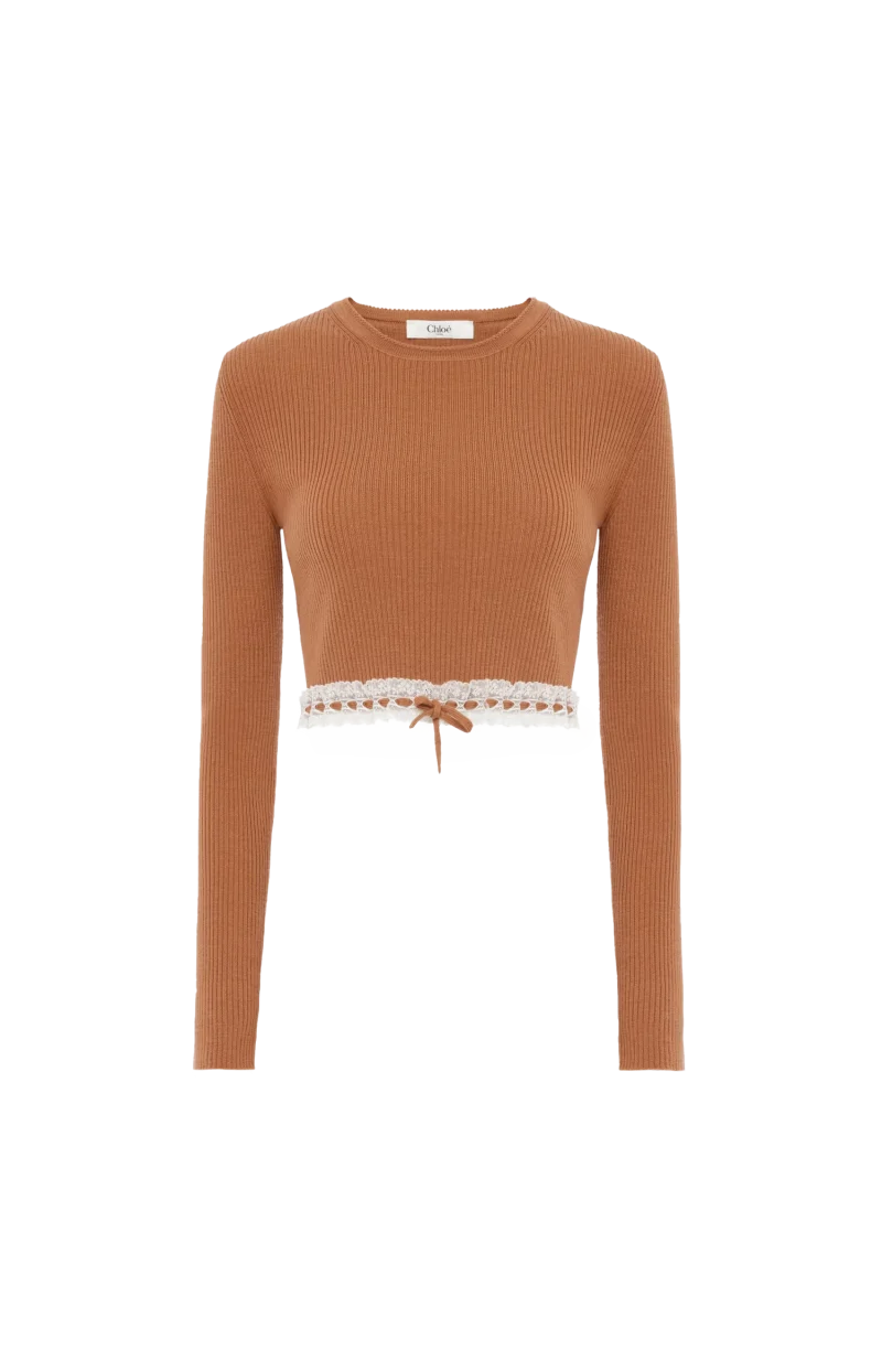 Cropped Fitted Jumper in a Wool Knit & Lace