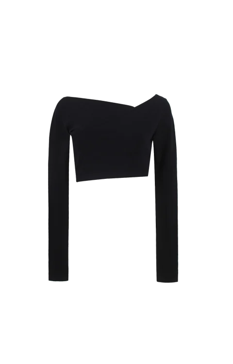 Cropped Cotton-Blend Crepe Top in Black