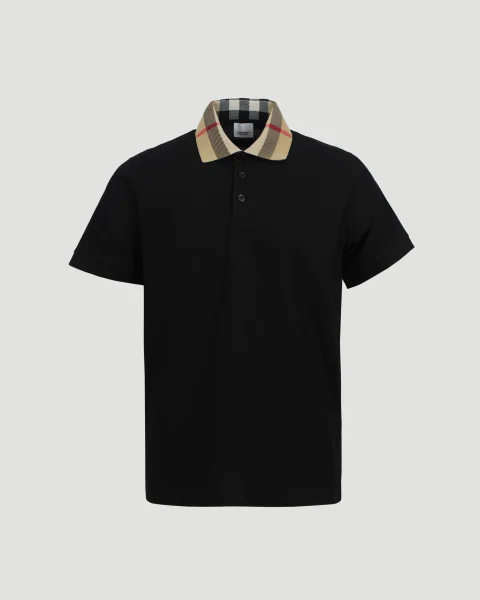 Check Collar Cotton Polo Shirt in Black