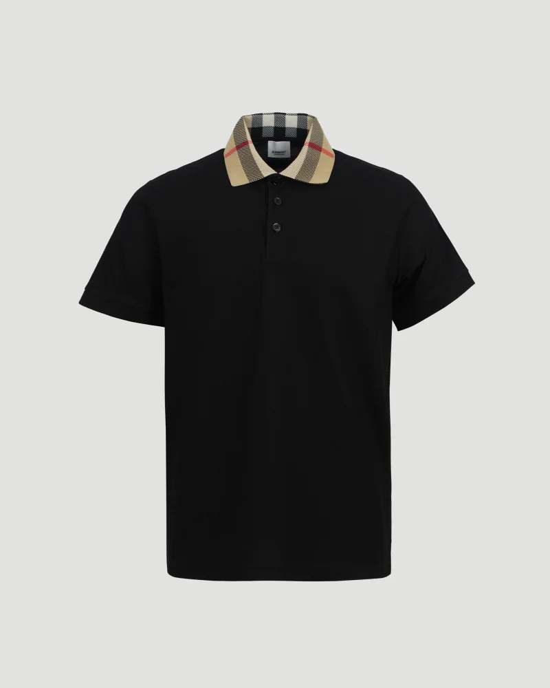 Check Collar Cotton Polo Shirt in Black