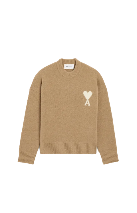 Crewneck Alpaca Sweater with Ami de Coeur in Beige