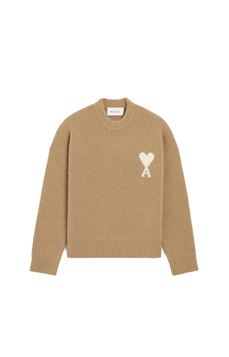Crewneck Alpaca Sweater with Ami de Coeur in Beige