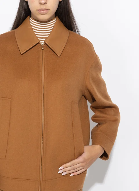 Късо палто от фина вълна с кожен мотив Max Mara Studio Mstsfere — снимка 6