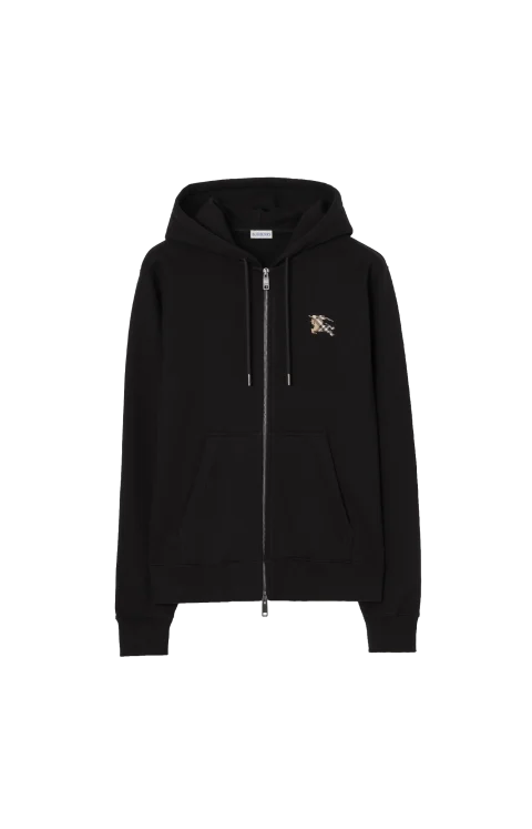 Check Knight Stamp Cotton Zip Hoodie in Black
