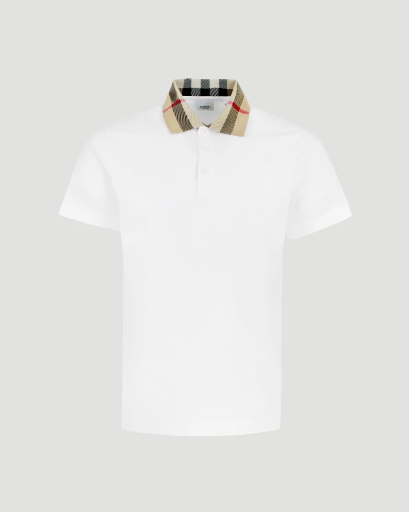 Check Collar Cotton Polo Shirt in White