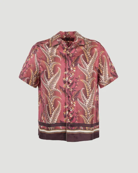 Silk Flower Print Short Sleeve Shirt in Brick Red