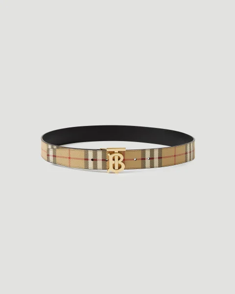 Reversible Check TB Belt in Archive Beige/Gold