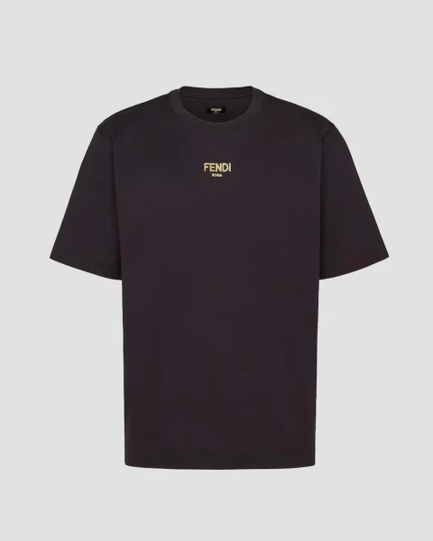 T-Shirt with Glitter Fendi Roma Logo in Black