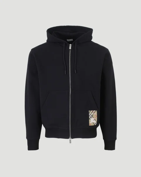 Check-Label Zip-Up Drawstring Hoodie